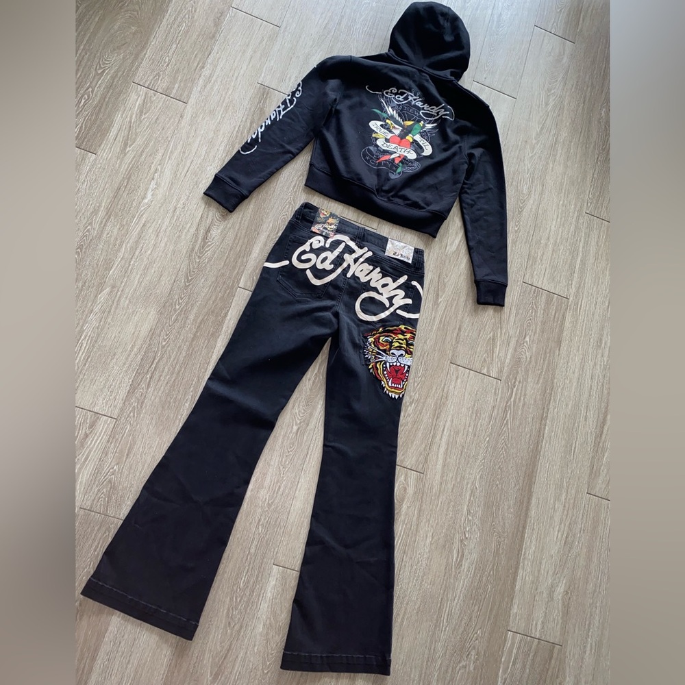 Ed Hardy Zip Hoodie & Flare Jeans Set